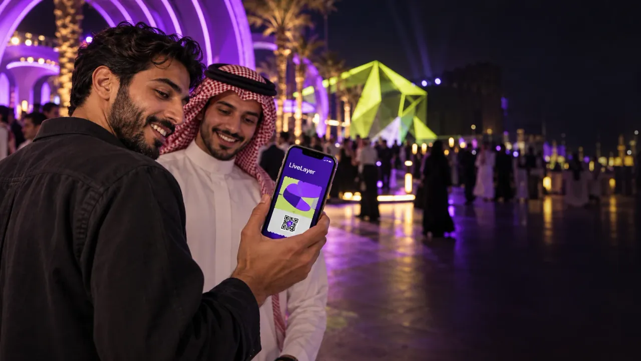 تصوّر لضيف يستخدم تطبيق LiveLayer مع صديقه في فعالية إبداعية بإضاءة تفاعلية